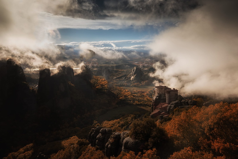 sky, rocks, clouds, beauty in nature, tree, rock, tranquil scene, filled, fogs, 1080P, landscape, tranquility, church, fall, mountain, outdoors, Greece