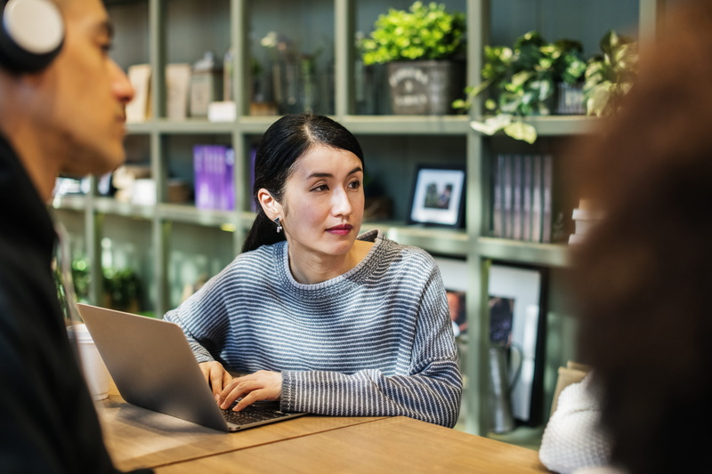 business person, communication, woman, group, beautiful, workplace, men, adult, operating, working, business, indoors, facial expression, sitting, computer