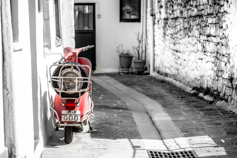 vespa, rear view, sun, red, sidewalk, backstreet, spring, street, footpath, old, wall - building feature, built structure, italy, real people, summer, scooter