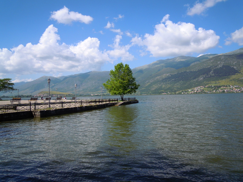 built structure, ioannina, transportation, tree, lake, greece, day, clouds, mountain, architecture, bridge - man made structure, outdoors, no people, water