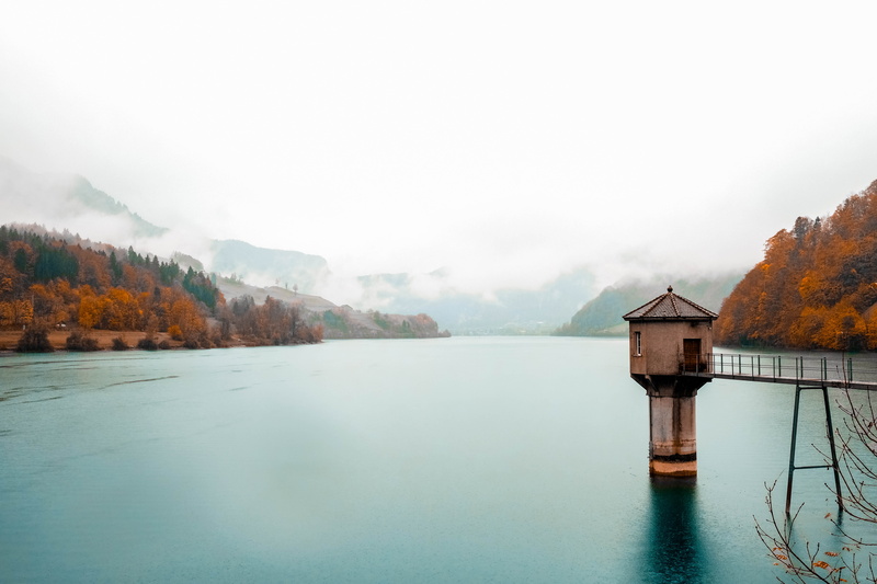 surrounded, architecture, beige, sky, non-urban scene, no people, bridge, lake, forest, day, scenics - nature, nature, concrete, building exterior, water