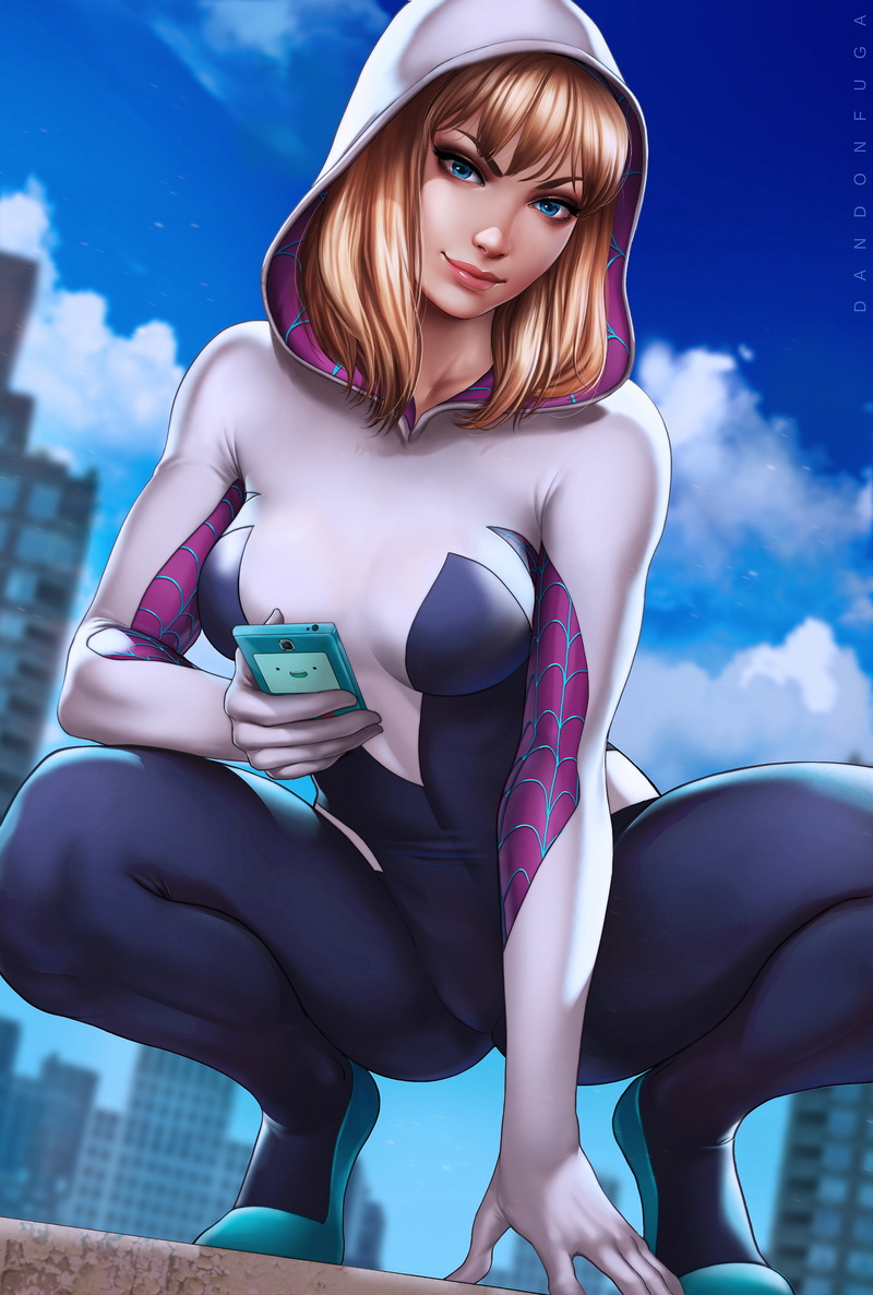 looking at viewer, 2D, Gwen Stacy, artwork, squatting, hoods, fan art, cellphone, Dandonfuga, 5K, drawing, illustration, bangs, Spider Gwen, blue eyes