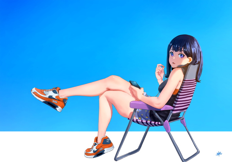 casual, blue background, Nike, short shorts, artwork, blue, sleeveless top, illustration, women, 2K, anime girls, anime, digital art, minimalism, sleeveless