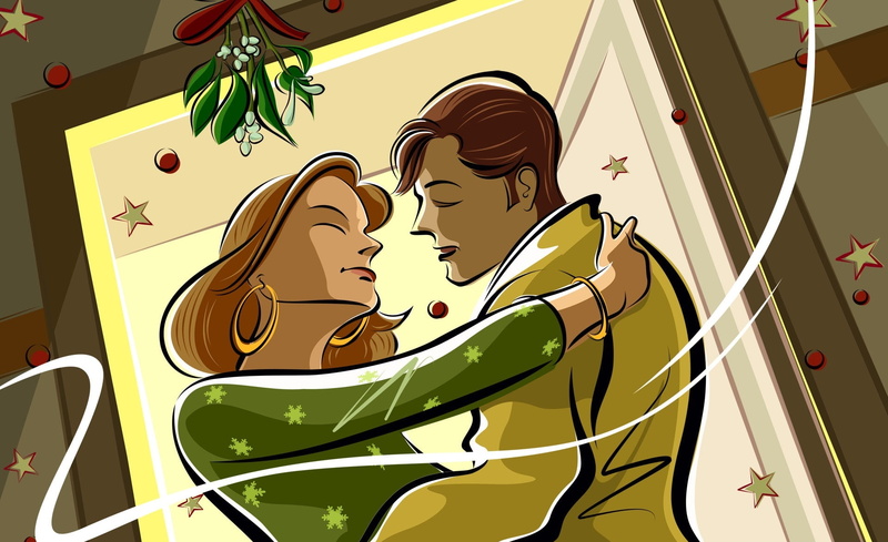 representation, Mistletoe, indoors, mural, clear sky, no people, lifestyles, female likeness, Christmas, green color, Kissing, Holidays, design, leisure activity