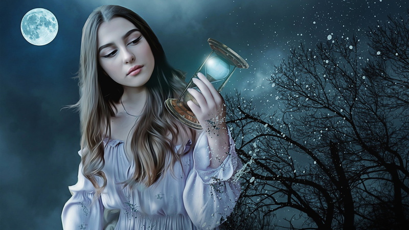 illustration, sand glass, full moon, moonlight, woman, moon, fantasy art, artwork, magic, art, darkness, night, girl, 1080P