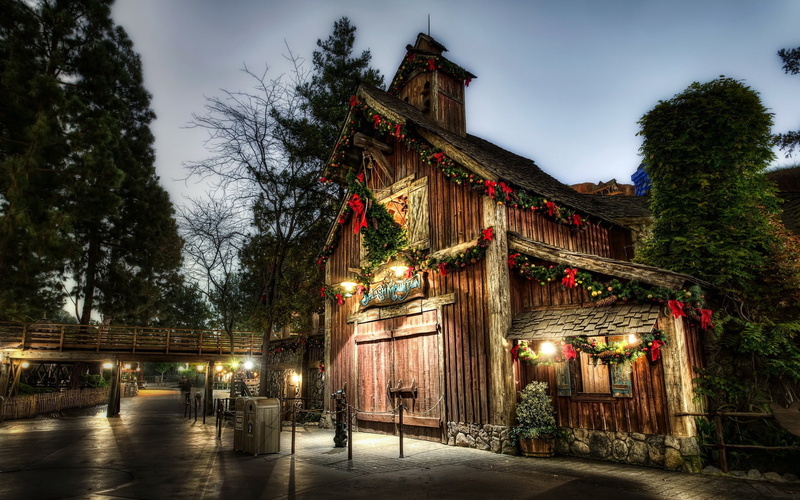pine trees, wood house, 1080P, urban, HDR, Christmas ornaments