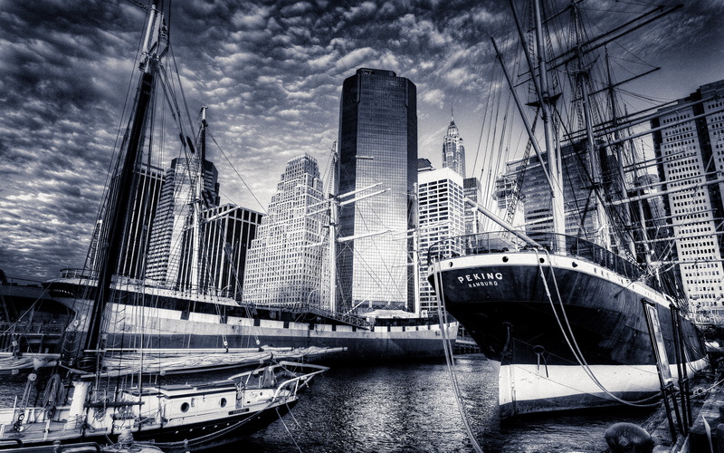 ship, cityscape, hd, skyscrapers, bw, rise, buildings, dock, sail, photography, 2K, greyscale, harbor, high, boats