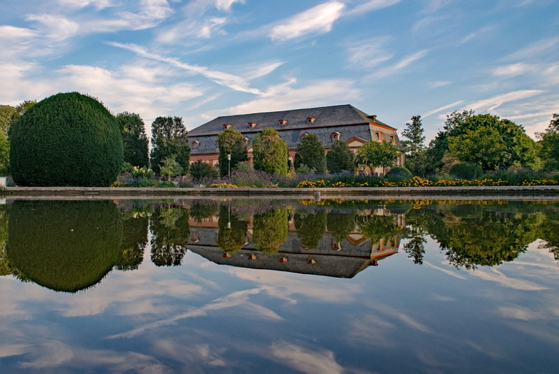 travel destinations, orangery, built structure, landscape, trees, symmetry, history, garden, clouds, lake, water, hesse, building, germany, building exterior