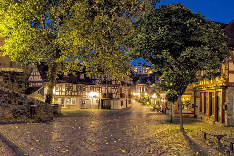 no people, Idstein, dusk, Hesse, illuminated, leaves, residential district, home, building exterior, outdoors, nature, architecture, street, Germany, footpath