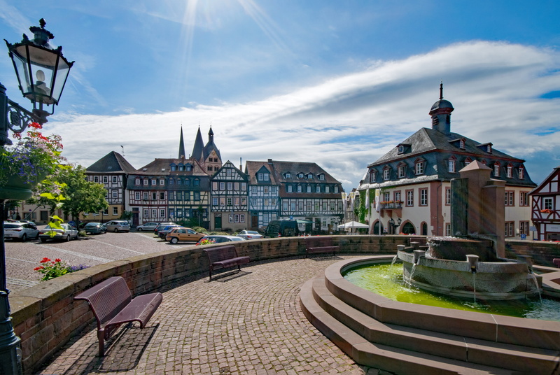 cars, nature, spire, building exterior, travel destinations, culture, the past, Gelnhausen, the upper square, fountain, germany, parked, Square, cloud - sky