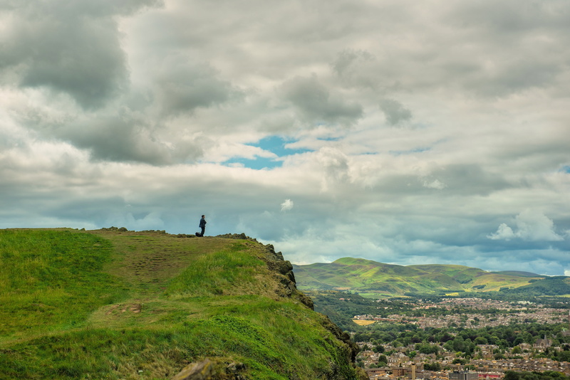 one person, view, old, person, holyrood park in edinburgh, monument, panorama, 5K, tourism, places of interest, tranquil scene, nature, tranquility, skyline