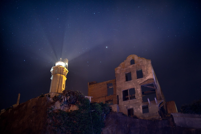 ruins, light, scenics - nature, moonlight, beauty in nature, star field, galaxy, built structure, parade ground view, sky, lighthouse, night, architecture