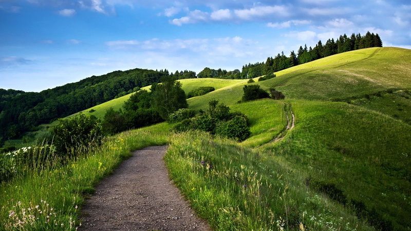 sky, path, hills, field, grass, landscape, 4K, hill-side