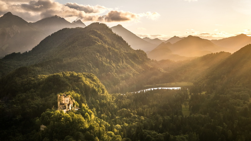 mountains, 1080P, green, hills, castle, forest, valleys
