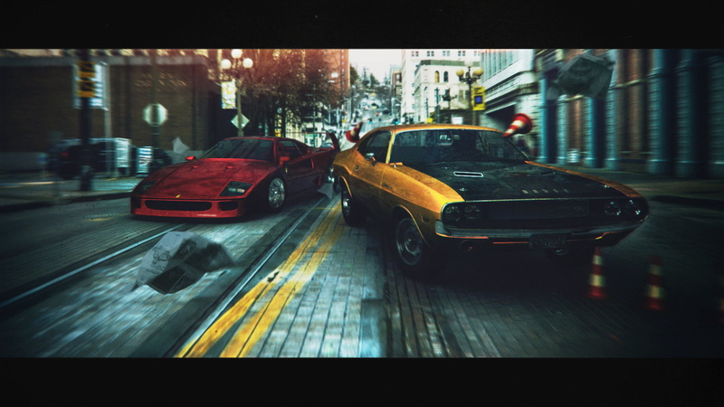 architecture, city, road, travel, transfer print, car, Dodge, city life, 1080P, Dodge Challenger, transportation, taxi, no people, Ferrari F40, city street