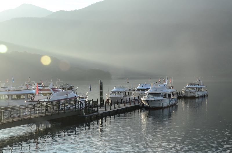 ship, yacht, sky, mode of transport, chaomu harbour, sunrise, water, pier, nautical Vessel, architecture, no people, outdoors, Nantou, fog, wooden post