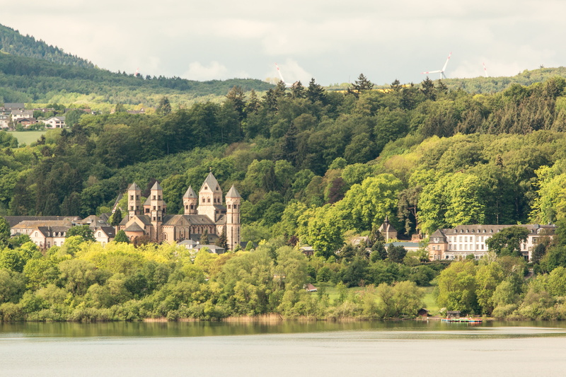 green color, abbey, growth, architecture, built structure, water, nature, church, maria laach abbey, scenics - nature, plant, outdoors, sky, tranquility