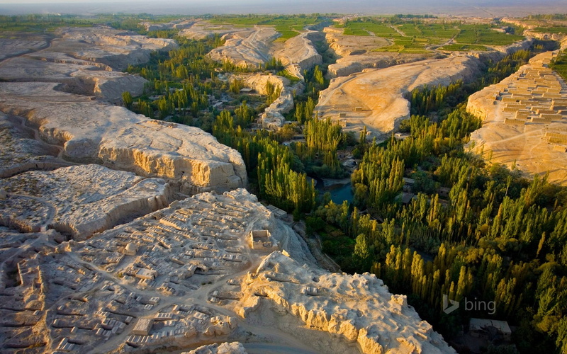 tranquil scene, bing, no people, tranquility, coniferous tree, scenics - nature, high angle view, landscape, china, aerial view, land, 1080P, turpan, outdoors