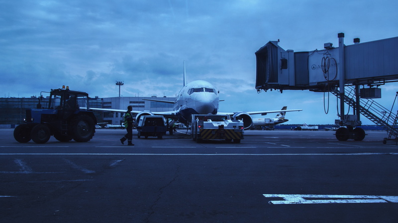 domodedovo, moscow, airplane, arrival, transaero, airport, flying, airliner, aerospace industry, dusk, plane, tractor, road, nature, window, land vehicle