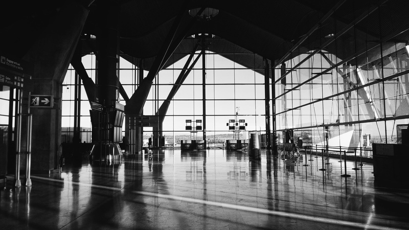 flooring, station, built structure, indoors, incidental people, design, airport departure area, 4K, ceiling, bw, glass - material, travel, tiled floor