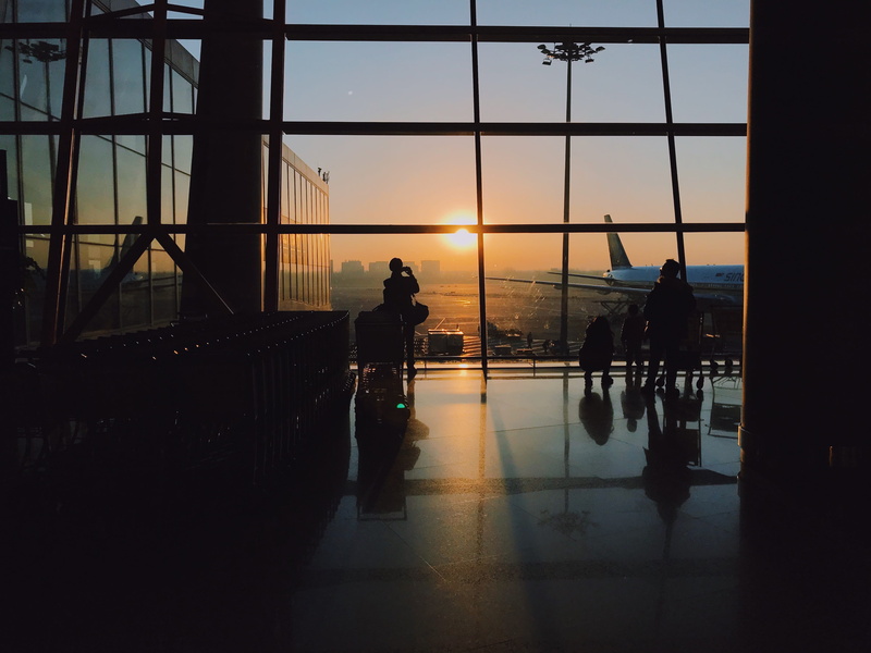 sunrise, indoors, inside, orange color, real people, sun, travel, people, glance, glass - material, sky, silhouette, golden, beijing, reflection, flooring