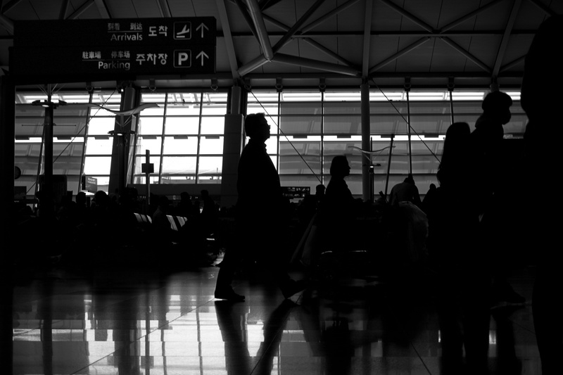 black and white, real people, transportation, station, journey, indoors, waiting, airport, flooring, walking, reflection, arrival, men, korea