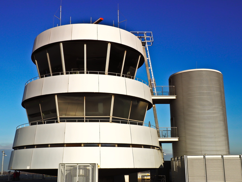 blue, sky, fuel and power generation, modern, air traffic control, air traffic, outdoors, low angle view, sunlight, built Structure, building, industry
