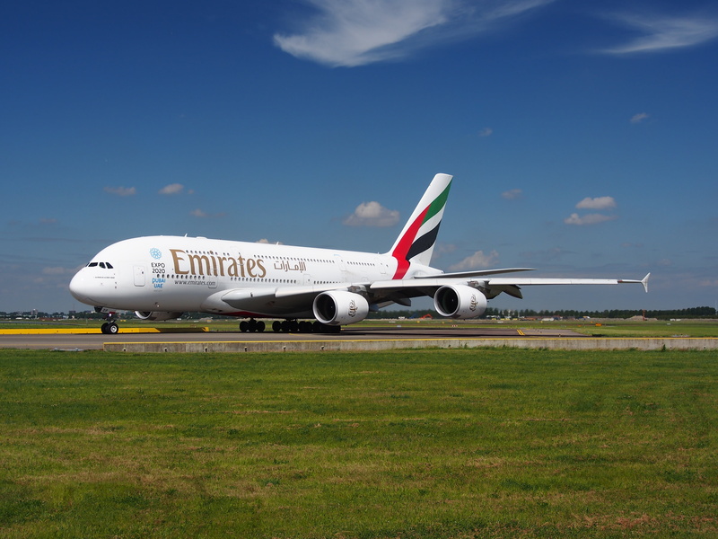 private airplane, aircraft, day, commercial airplane, mode of transportation, nature, plant, grass, corporate jet, sky, airport, emirates, airbus a380