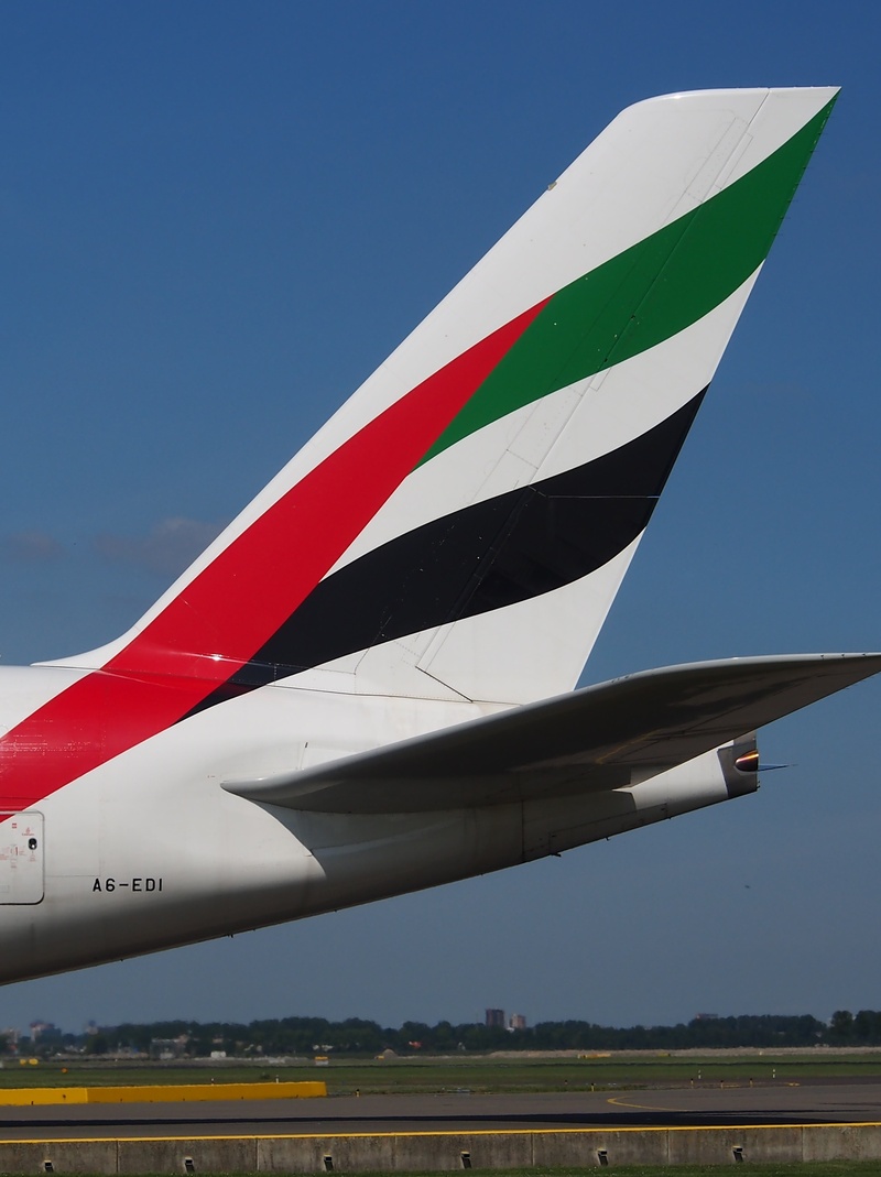 transportation, air, clear sky, nature, schiphol, airbus a380, blue, close-up, aircraft, jet, red, business, motion, aircraft wing, emirates, environment