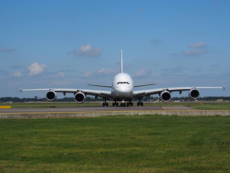 jet, airplane, day, travel, schiphol, Plane, air vehicle, journey, business, no people, outdoors, technology, grass, Emirates, mode of transportation, airport