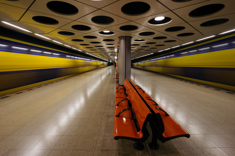 blured, indoors, rail transportation, railway station, seats, absence, diminishing perspective, netherlands, trains, flooring, moving, schiphol airport
