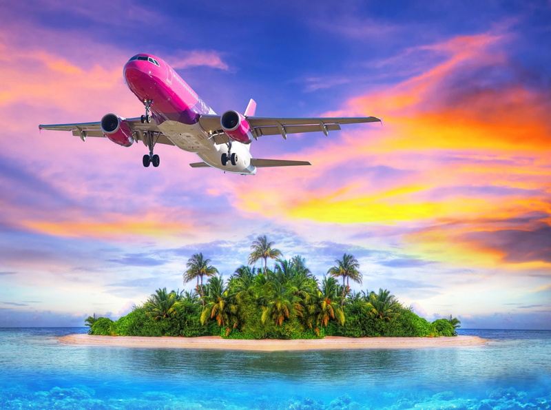 Orange, Airbus A320, mid-air, flying, Ocean, water, plant, cloud - sky, Island, no people, outdoors, transportation, air vehicle, aerospace industry, arrival