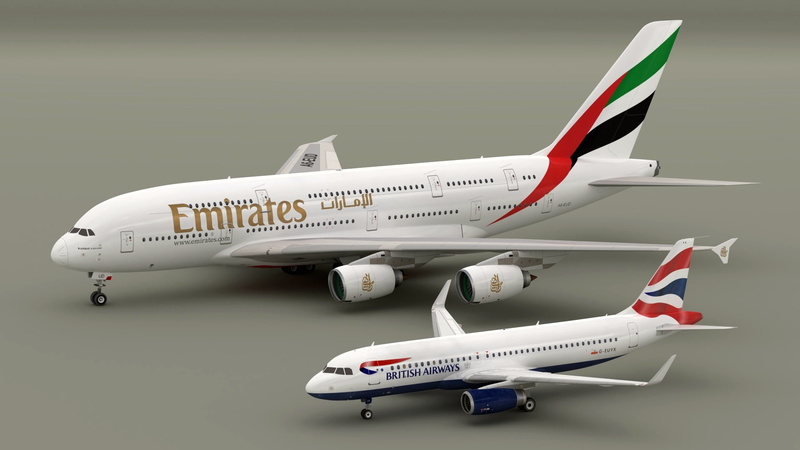 1080P, Airbus A380 Emirates, models, Airbus A320 British Aiways, Blender3D
