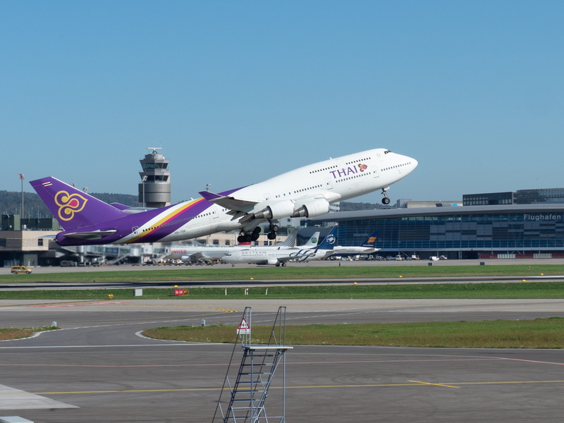 aerospace industry, clear sky, no people, built structure, outdoors, leaving, travel, airport, boeing 747, zurich start, copy space, nature, zrh, day, airport runway