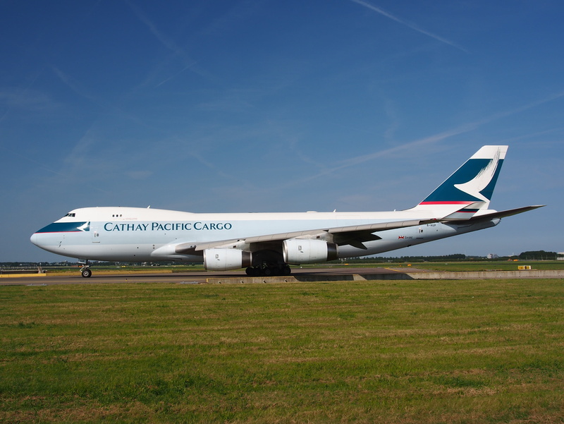 field, airport, cargo, airport runway, day, plane, transportation, boeing 747, jet, cathay, no people, nature, mode of transportation, 4K, sky, airplane