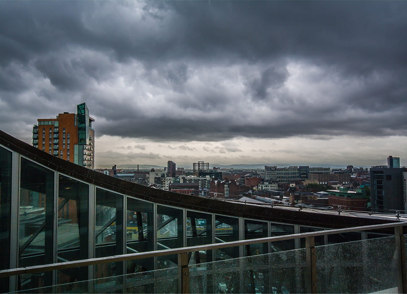 architecture, skyscraper, england, bridge, 1080P, dusk, birds, transportation, Cityscape, salford, city life, outdoors, sky, nature, angel square, building exterior