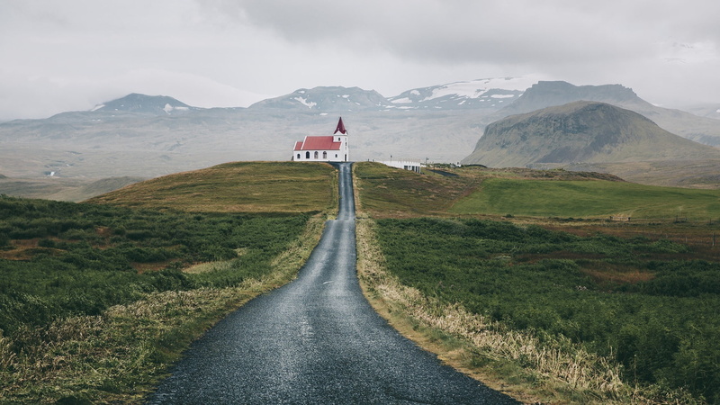 1080P, ingjaldsholl, road, church, mountain, western iceland, fishing town, hill, hill station, highland, hellissandur, snaefellsnes peninsula, rural area