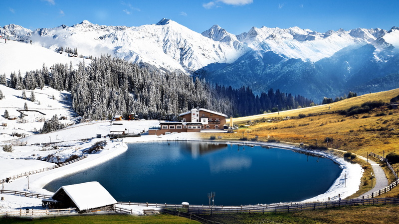 scenics - nature, house, lodge, resort, cold temperature, outdoors, 4K, hotel, tranquility, built structure, ice, mountain lake, lakeside, winter, mountain range
