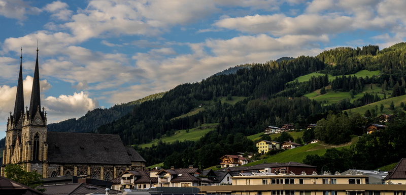 no people, blue, Church, scenics - nature, 4K, scene, sunny, sky, tree, Europe, summer, mountain range, landscape, mountain, residential district, green