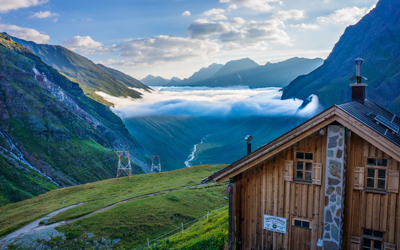 austria, sunrise, landscape, 4K, mountains, green, valleys, pitztal, architecture, photography, tyrolaustria, taschachhaus, nature, pitztalvalley