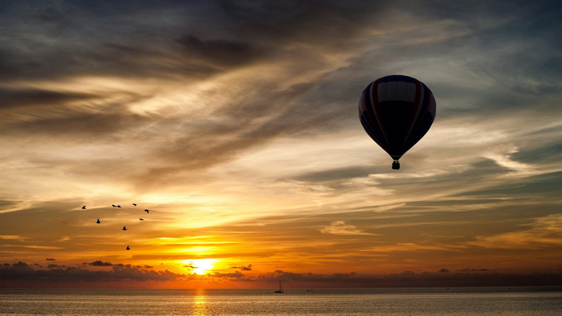 mid-air, outdoors, 1080P, water, hot air balloon, sun, tranquility, sea, idyllic, scenics - nature, beauty in nature, beautiful nature  for desktop background 1920x1080