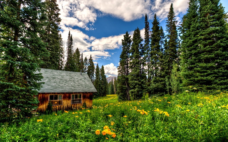 cabin, place, cottage, beauty, art, nature, hd, Clouds, peaceful, beautiful, mountains, 720P, colors