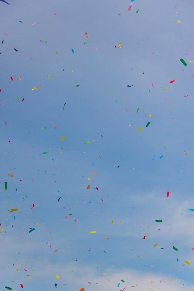 full frame, celebration event, excitement, blue, sky, multi Colored, low angle view, day, pattern, celebration, backgrounds, motion, Confetti, large group of objects