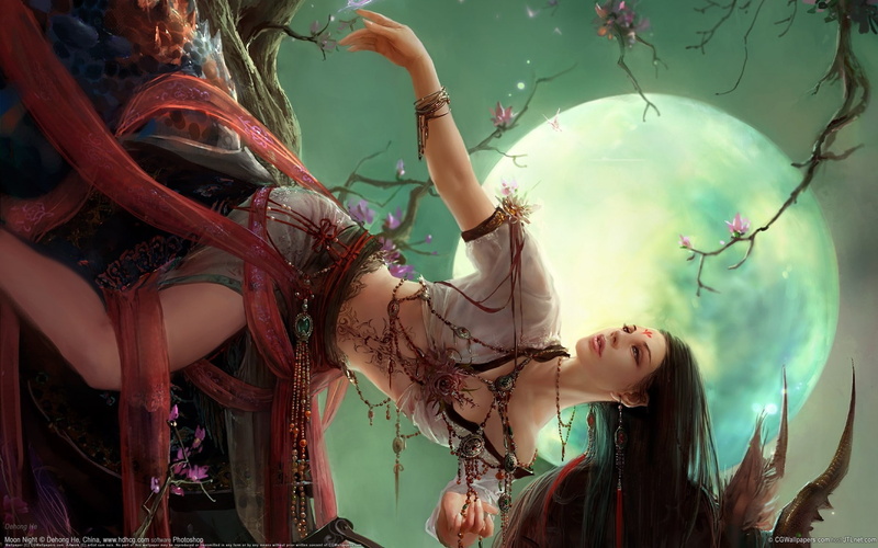 1080P, moon, woman, beauty, fan art, fan, posture, art