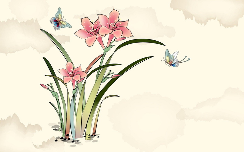 butterfly, pink, illstration, 1080P, floral, 1920x1200, butterflies, flowers, amaryllis, artistic