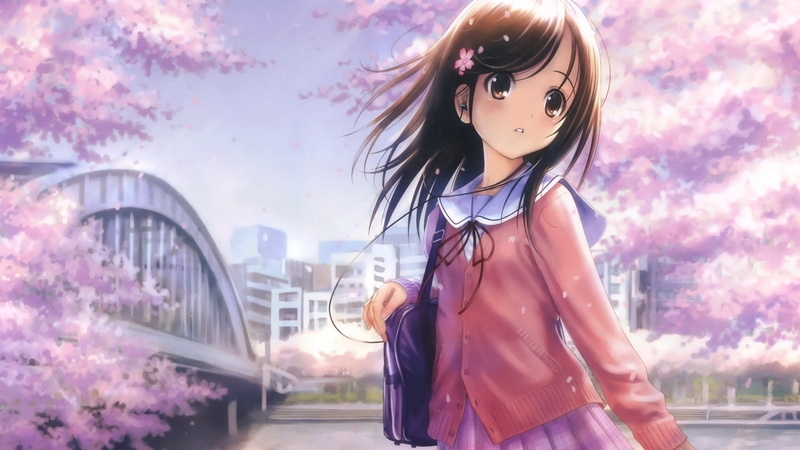 headsets, Narcissu, brunette, looking away, anime girls, 1080P, brown eyes, open mouth, long hair, anime, cherry blossom