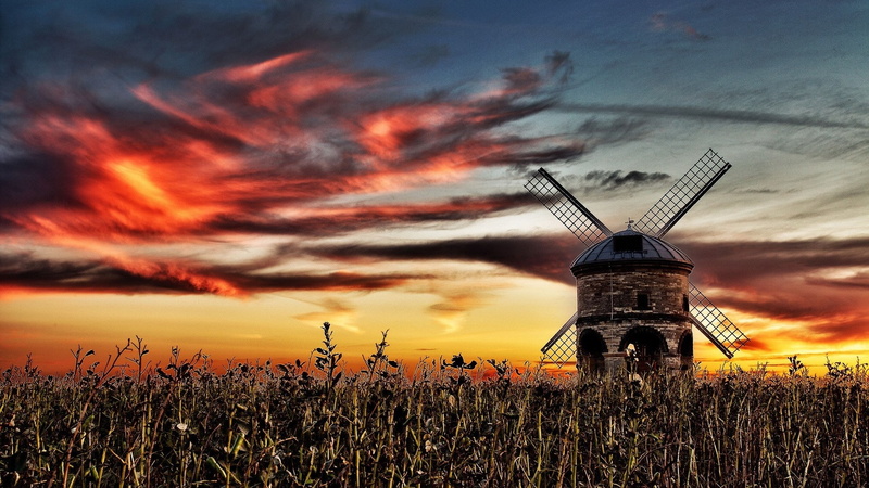 building exterior, 1080P, sunset, wind turbine, renewable energy, environmental conservation, built structure, plant, orange color, fuel and power generation