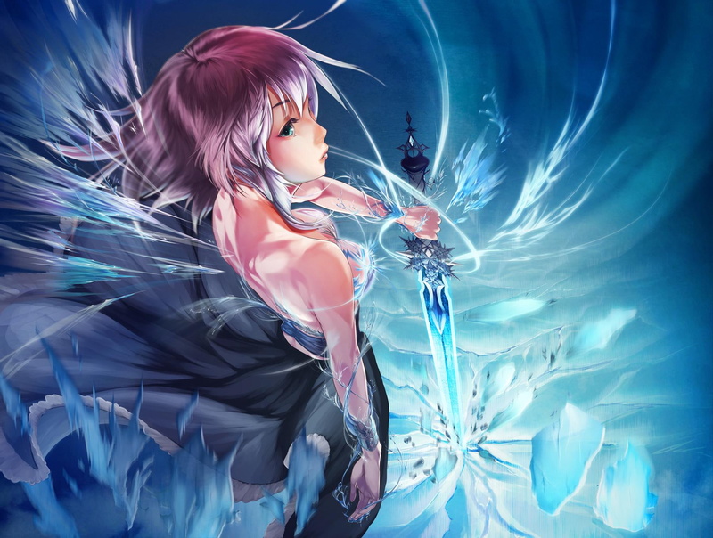 white, warrior, ice, dress, winter, beautiful, 720P, black, cute, anime, pretty, short-hair, blue, beauty, girl, sword