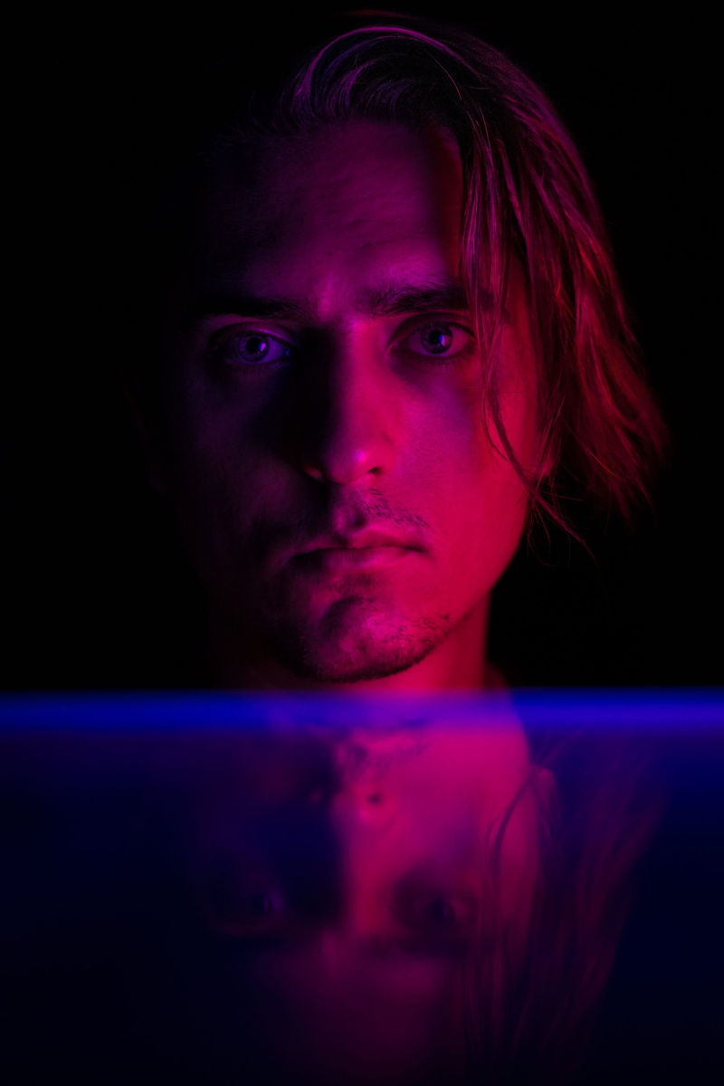 redandblue, man, red and blue, cyberpunk, blue, technology, men, front view, mirror, red face, young adult, face, dark, reflection, one person, looking