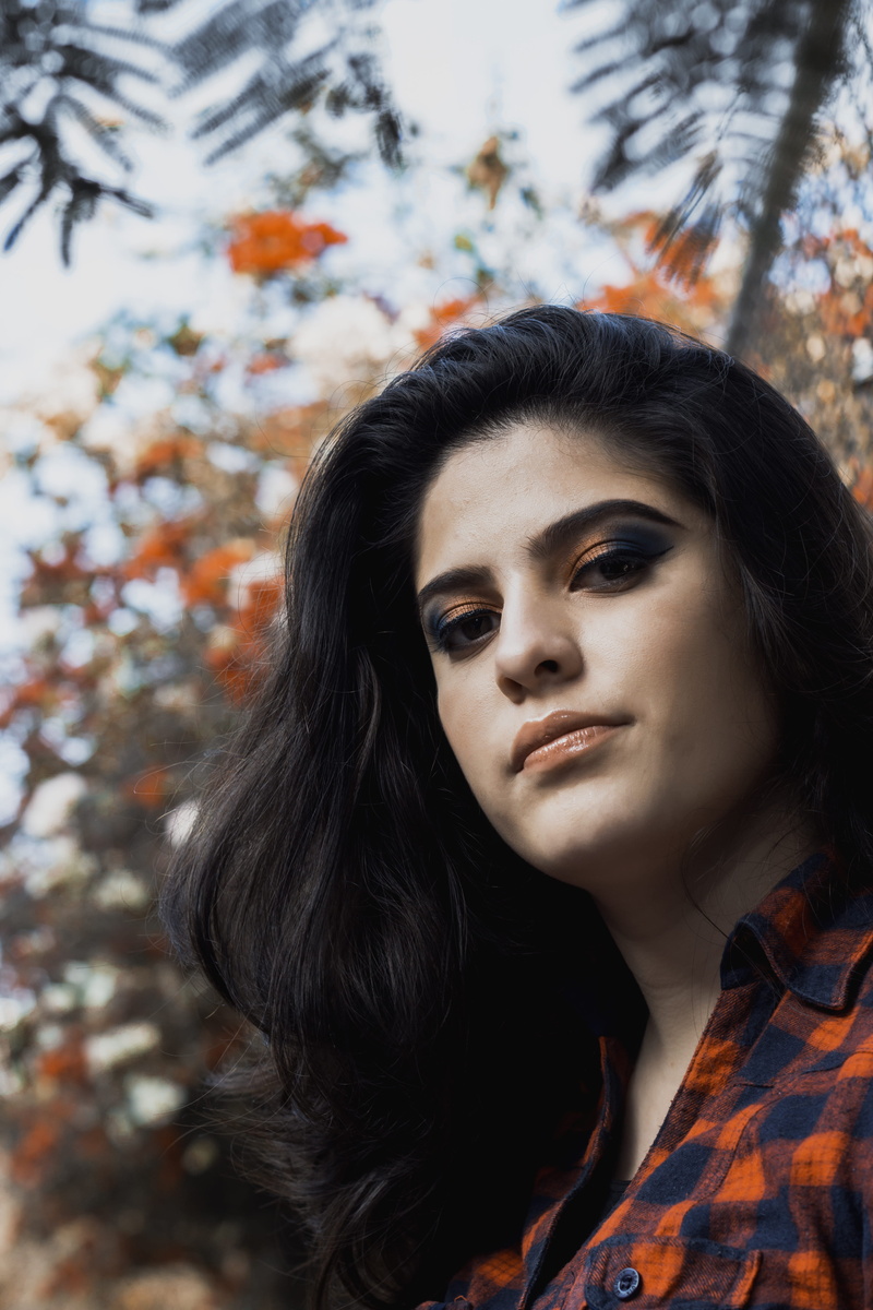 red, makeup, urban, young adult, plaid, colour, hair, focus on foreground, nature, black, orange, blue, collared, checkered, 5K, day, flannel, adult, long hair